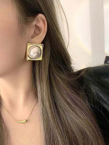 French Style Vintage Chic Rhombus Square & Round Faux Pearl Elegant Earrings For Women, Bride, Street Style