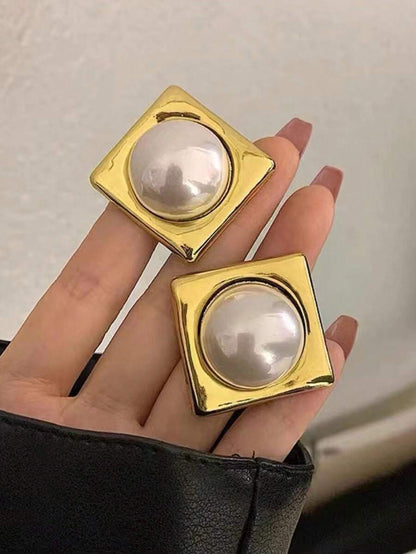 French Style Vintage Chic Rhombus Square & Round Faux Pearl Elegant Earrings For Women, Bride, Street Style