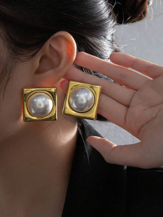 French Style Vintage Chic Rhombus Square & Round Faux Pearl Elegant Earrings For Women, Bride, Street Style
