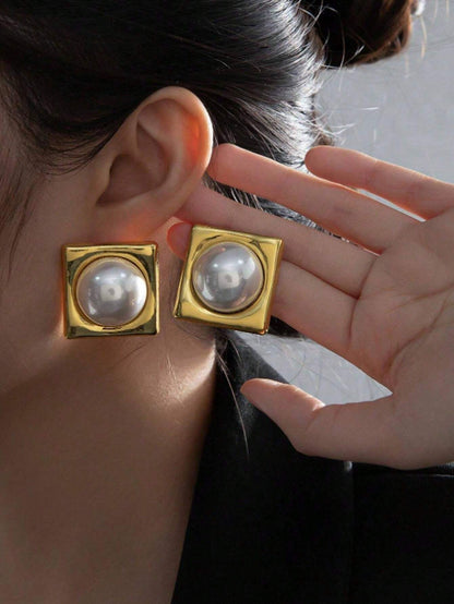 French Style Vintage Chic Rhombus Square & Round Faux Pearl Elegant Earrings For Women, Bride, Street Style