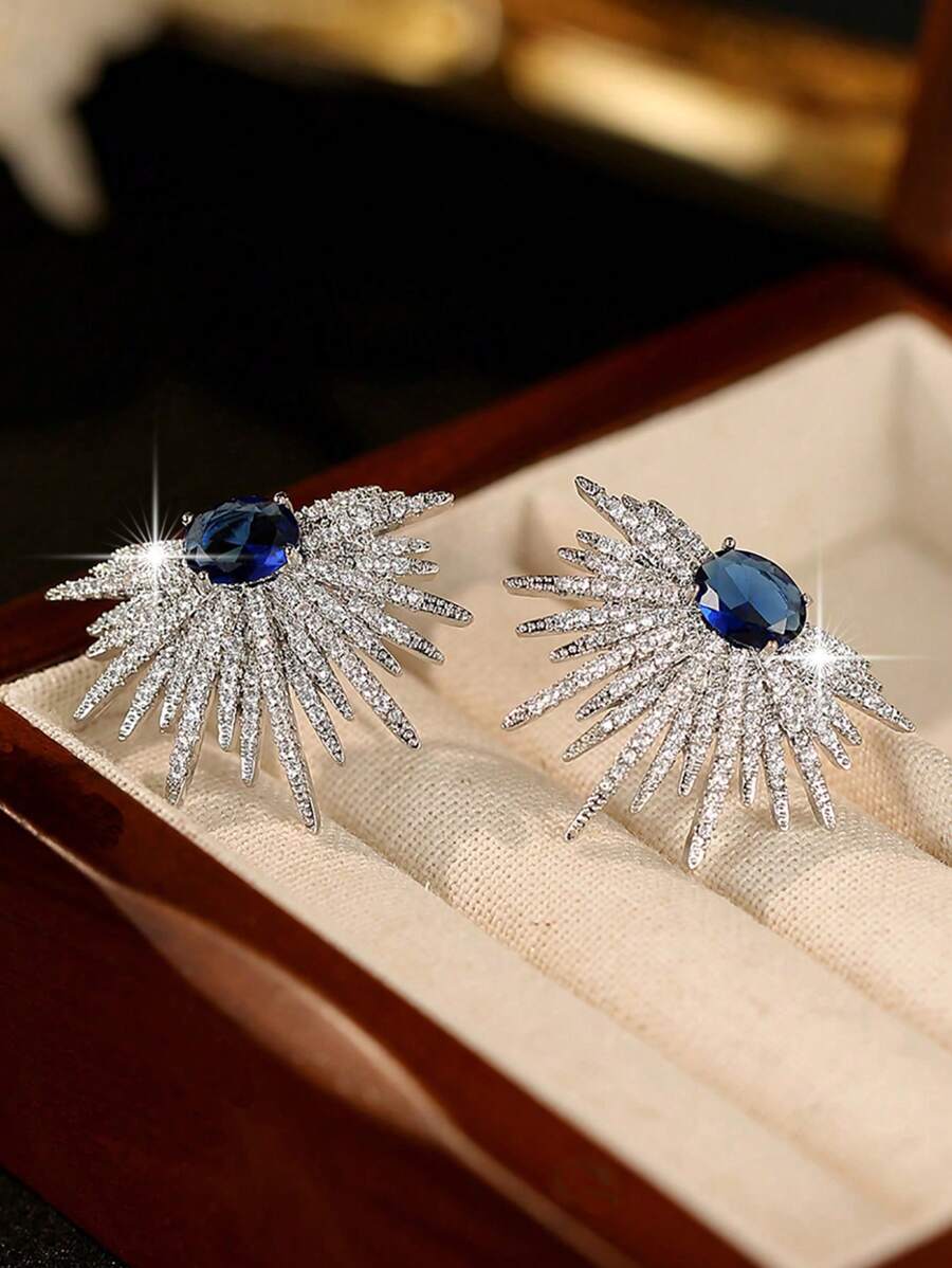 Luxury Earrings With Sparkling Blue Zirconia Inlay, Suitable For Women And Girls
