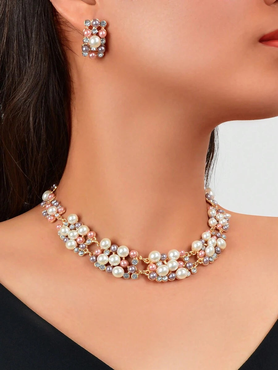 Costume Jewelry Artificial Pearl Women Necklace Earrings Set