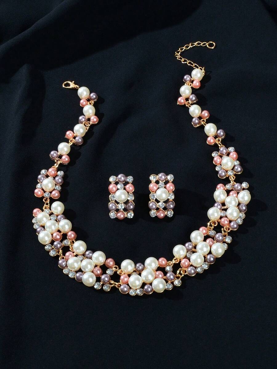 Costume Jewelry Artificial Pearl Women Necklace Earrings Set