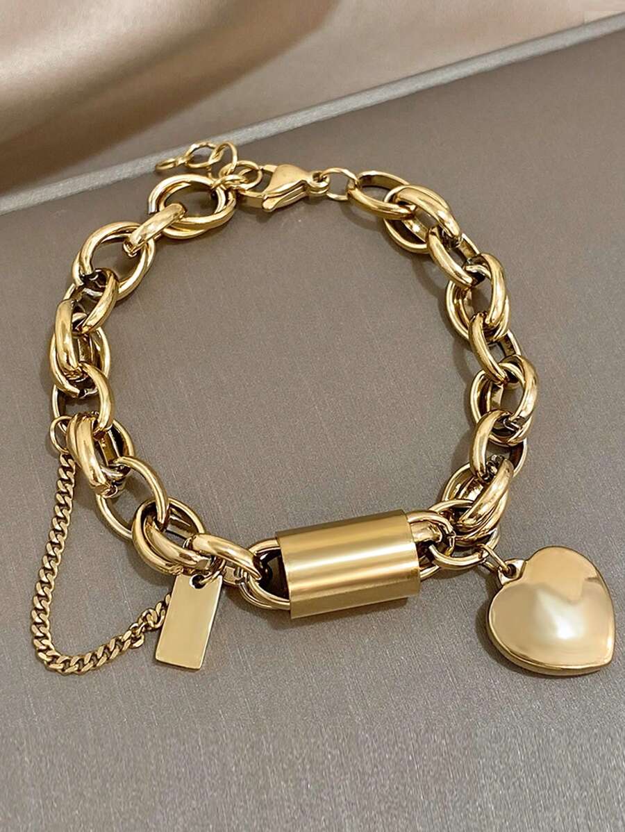 Gold Color Heart Charm Bracelets For Women Teen Girls Stainless Steel Couple Love Friendship Bracelets Daily Party Jewelry Gifts Valentines