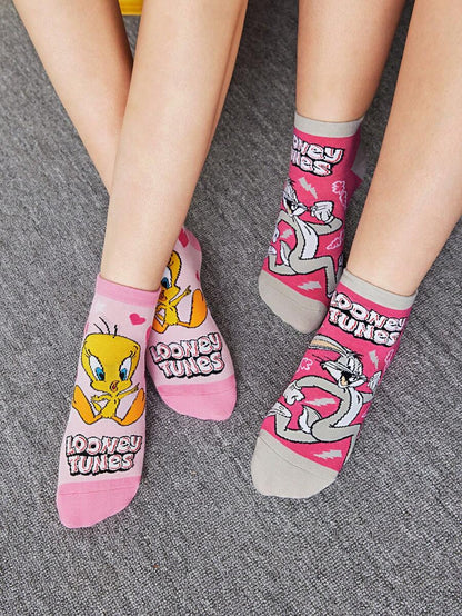 LOONEY TUNES 2 Pairs Of Women Cute Cartoon Patterned Short Socks