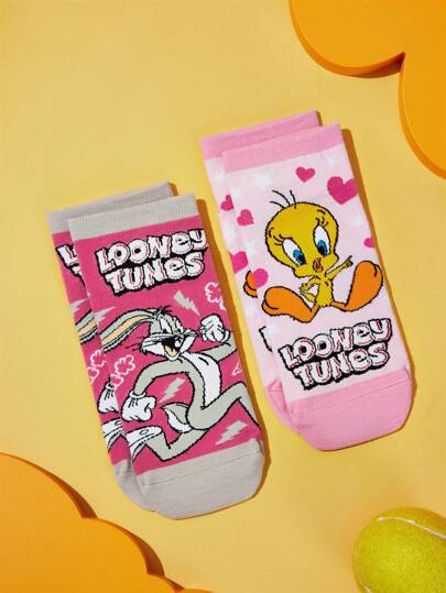 LOONEY TUNES 2 Pairs Of Women Cute Cartoon Patterned Short Socks