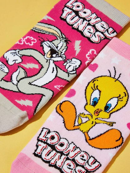 LOONEY TUNES 2 Pairs Of Women Cute Cartoon Patterned Short Socks