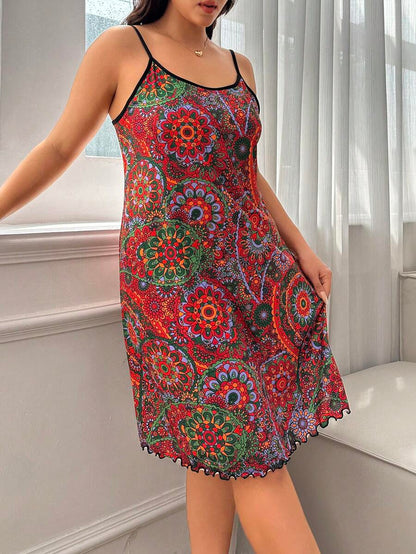 Plus Size Red Printed Casual Summer Sleep Camisole Pajama Dress