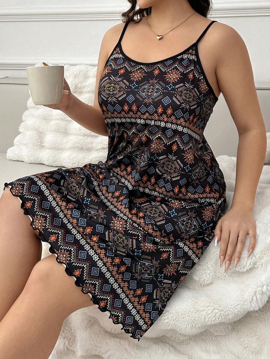 Plus Size Black Printed Casual Summer Sleep Camisole Pajama Dress