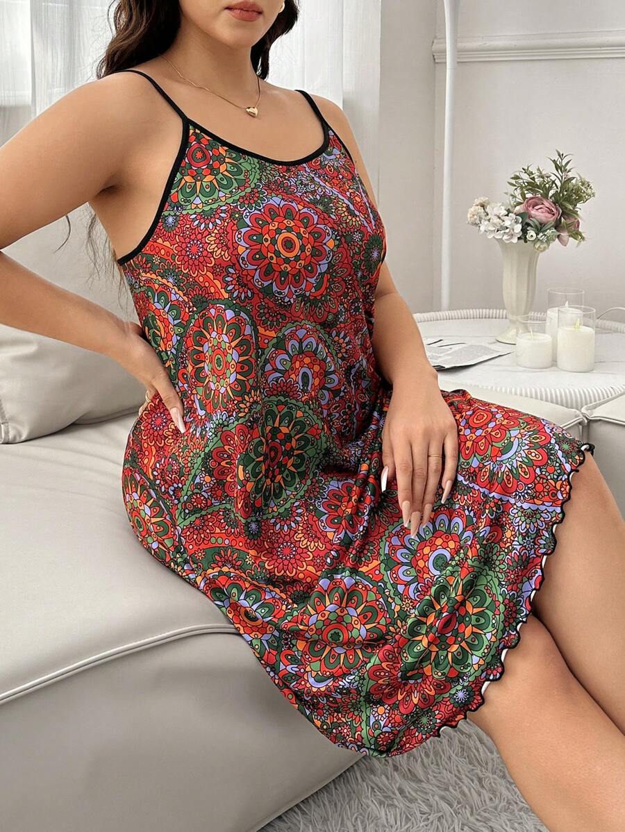 Plus Size Red Printed Casual Summer Sleep Camisole Pajama Dress