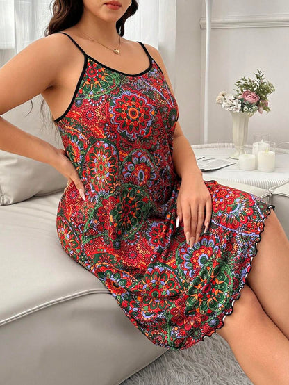 Plus Size Red Printed Casual Summer Sleep Camisole Pajama Dress
