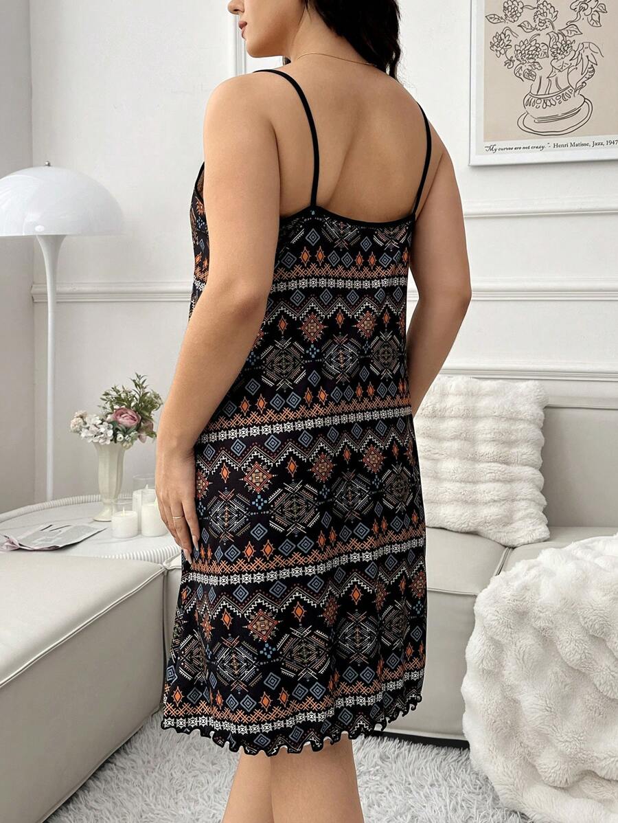 Plus Size Black Printed Casual Summer Sleep Camisole Pajama Dress