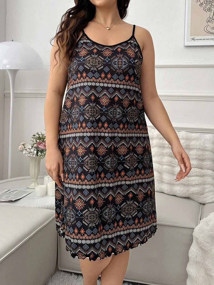 Plus Size Black Printed Casual Summer Sleep Camisole Pajama Dress