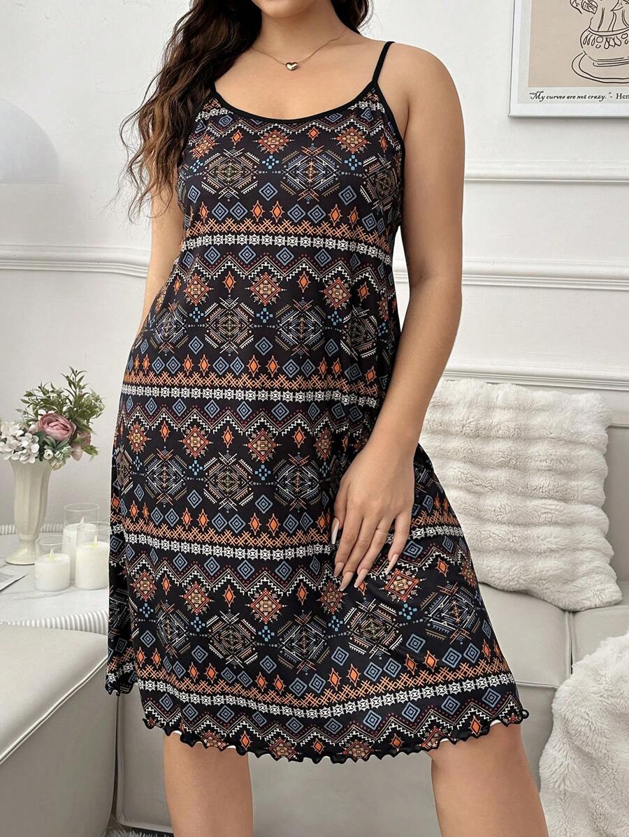 Plus Size Black Printed Casual Summer Sleep Camisole Pajama Dress