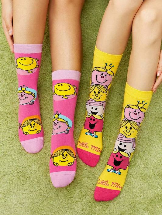 Mr Men Little Miss Unisex 2 Pairs Women's Cartoon Printed Mid-Calf Socks