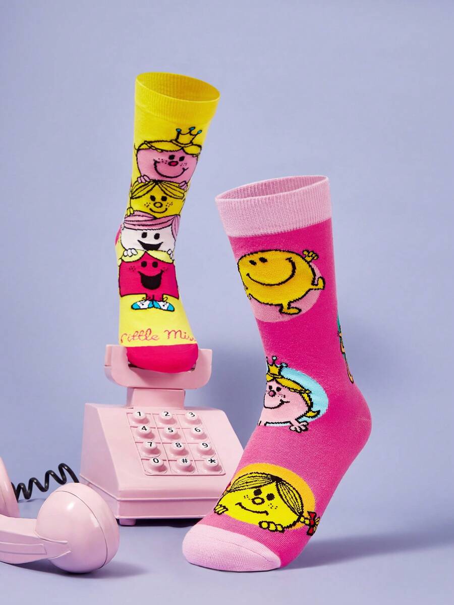Mr Men Little Miss Unisex 2 Pairs Women's Cartoon Printed Mid-Calf Socks