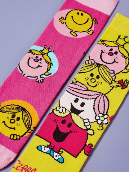 Mr Men Little Miss Unisex 2 Pairs Women's Cartoon Printed Mid-Calf Socks