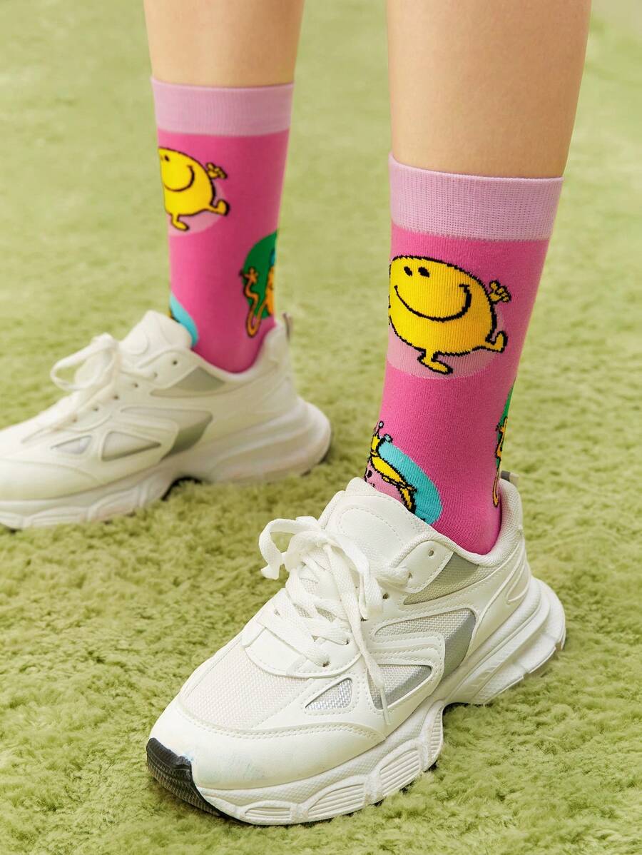 Mr Men Little Miss Unisex 2 Pairs Women's Cartoon Printed Mid-Calf Socks