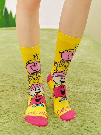 Mr Men Little Miss Unisex 2 Pairs Women's Cartoon Printed Mid-Calf Socks