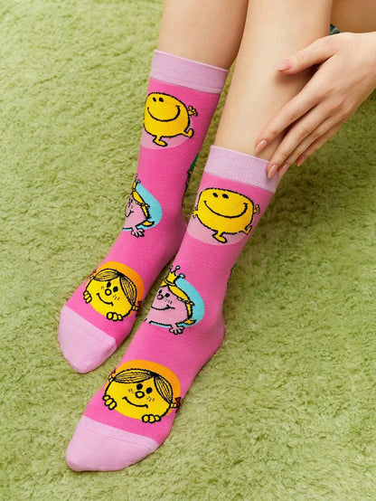 Mr Men Little Miss Unisex 2 Pairs Women's Cartoon Printed Mid-Calf Socks