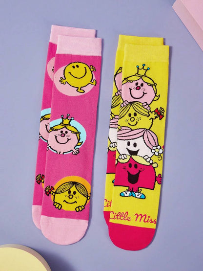 Mr Men Little Miss Unisex 2 Pairs Women's Cartoon Printed Mid-Calf Socks