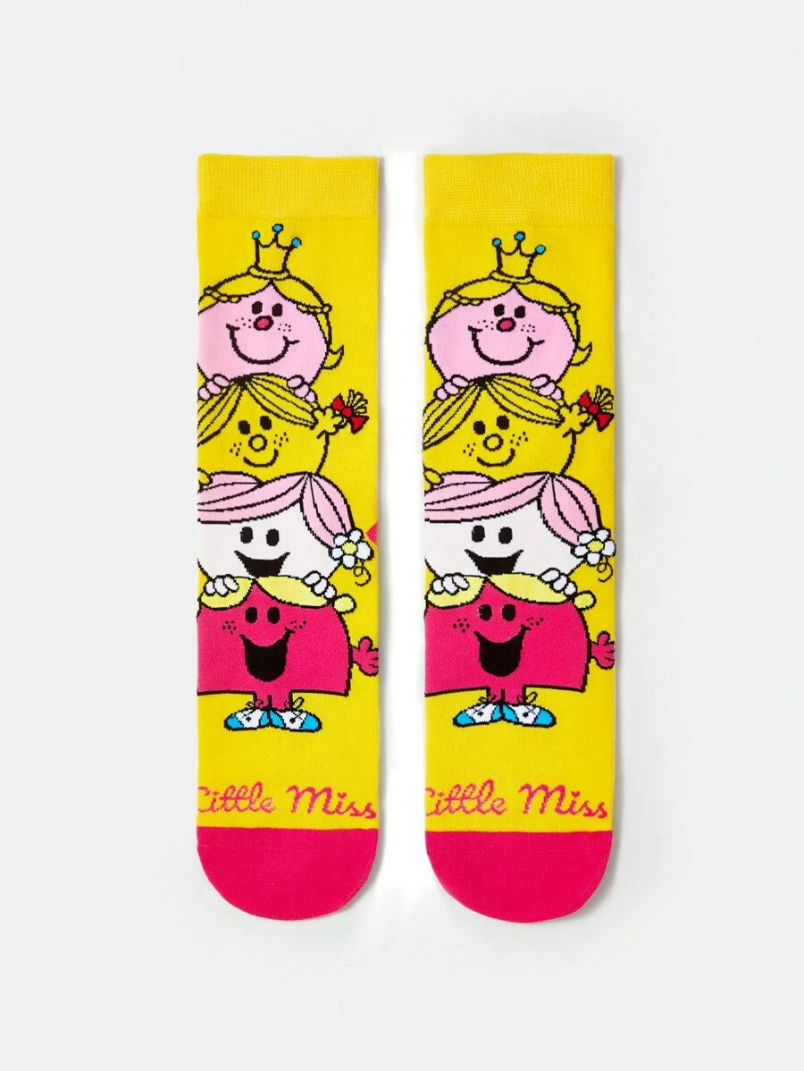 Mr Men Little Miss Unisex 2 Pairs Women's Cartoon Printed Mid-Calf Socks