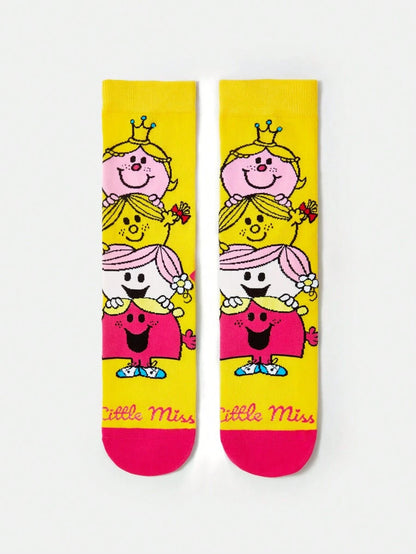Mr Men Little Miss Unisex 2 Pairs Women's Cartoon Printed Mid-Calf Socks