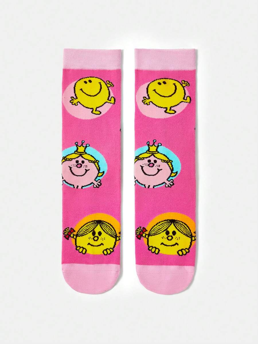 Mr Men Little Miss Unisex 2 Pairs Women's Cartoon Printed Mid-Calf Socks