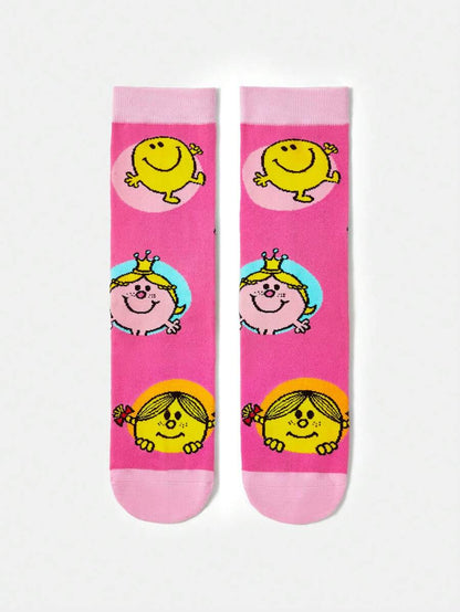 Mr Men Little Miss Unisex 2 Pairs Women's Cartoon Printed Mid-Calf Socks