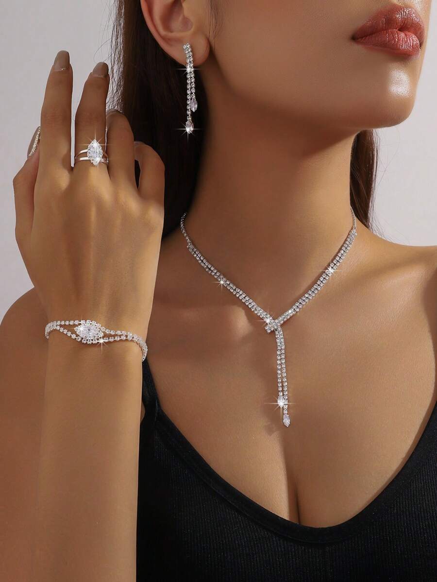 5pcs Luxury Rhinestone Embellished Necklace, Earrings, Bracelet And Ring Jewelry Set For Women's Daily Commute, Wedding, Party