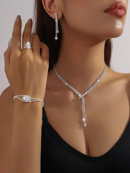 5pcs Luxury Rhinestone Embellished Necklace, Earrings, Bracelet And Ring Jewelry Set For Women's Daily Commute, Wedding, Party