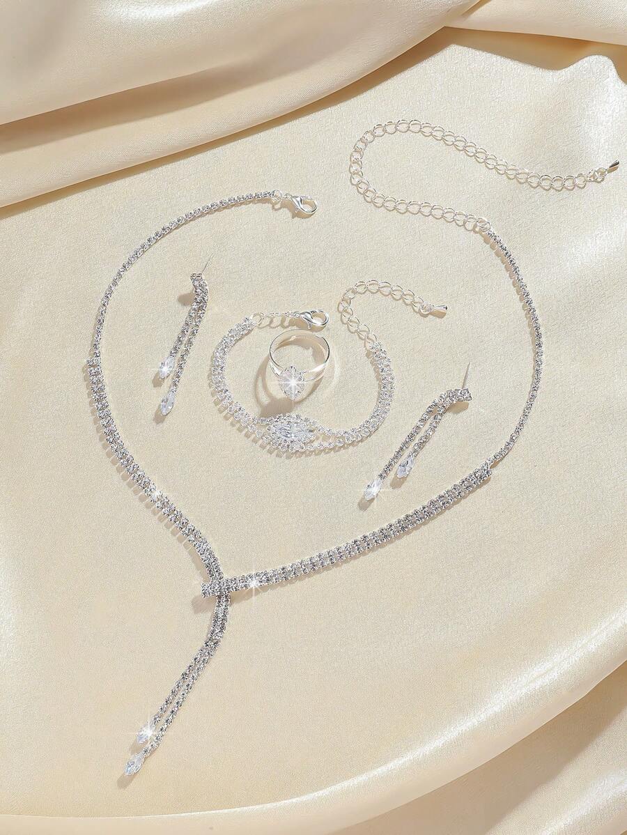5pcs Luxury Rhinestone Embellished Necklace, Earrings, Bracelet And Ring Jewelry Set For Women's Daily Commute, Wedding, Party