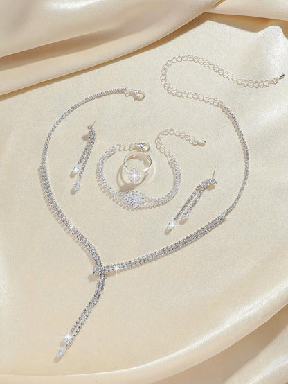 5pcs Luxury Rhinestone Embellished Necklace, Earrings, Bracelet And Ring Jewelry Set For Women's Daily Commute, Wedding, Party