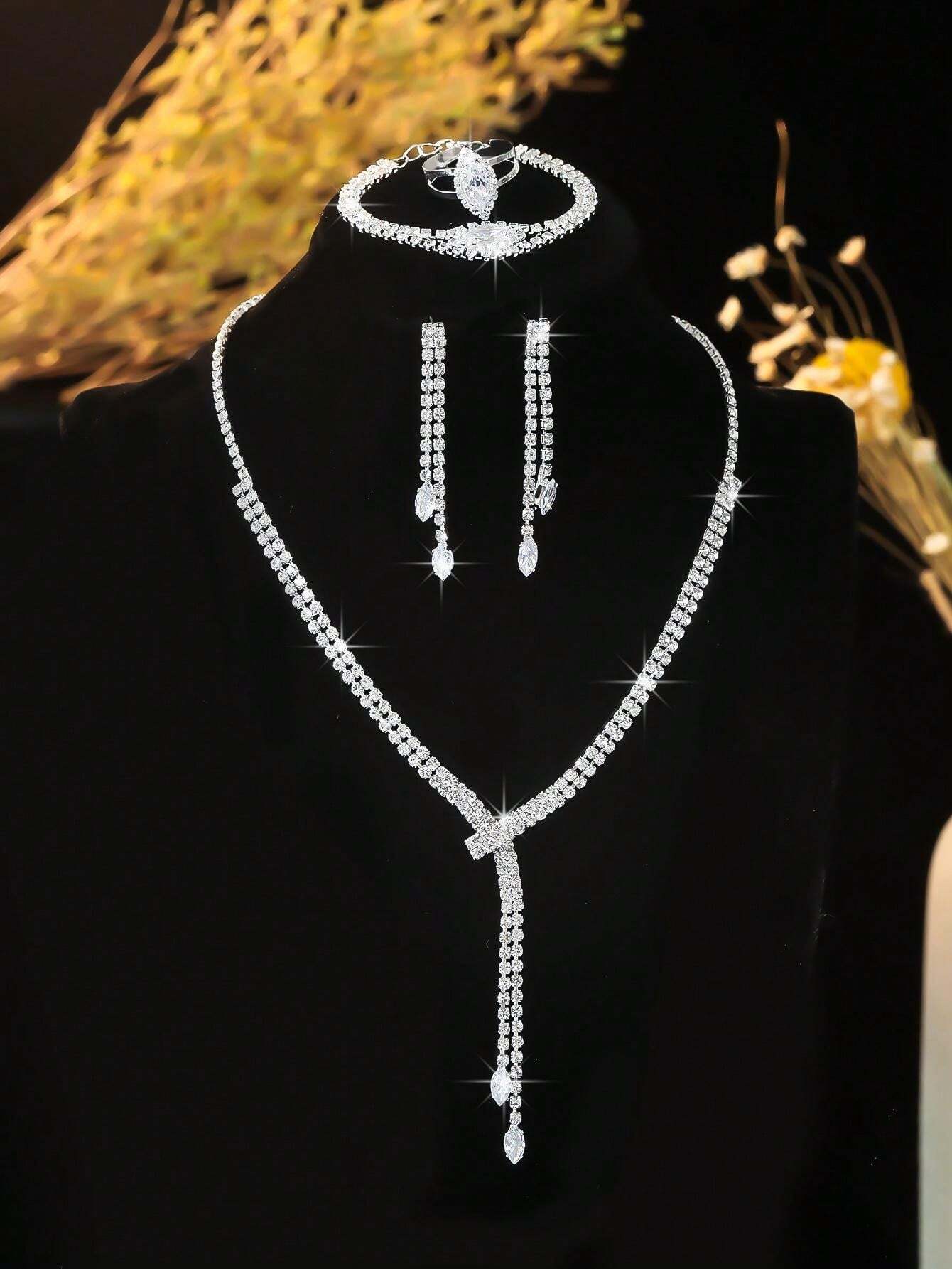 5pcs Luxury Rhinestone Embellished Necklace, Earrings, Bracelet And Ring Jewelry Set For Women's Daily Commute, Wedding, Party