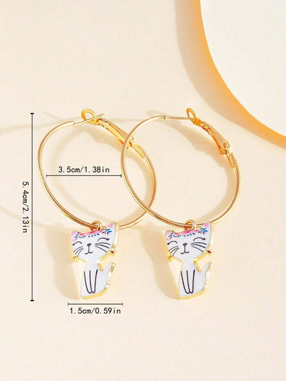 1 Pair Of Cute Cat Design Pendant Earrings In Lovely Cartoon Style Zinc Alloy Jewelry, Lovely Gift For Ladies For Daily Casual Decor.