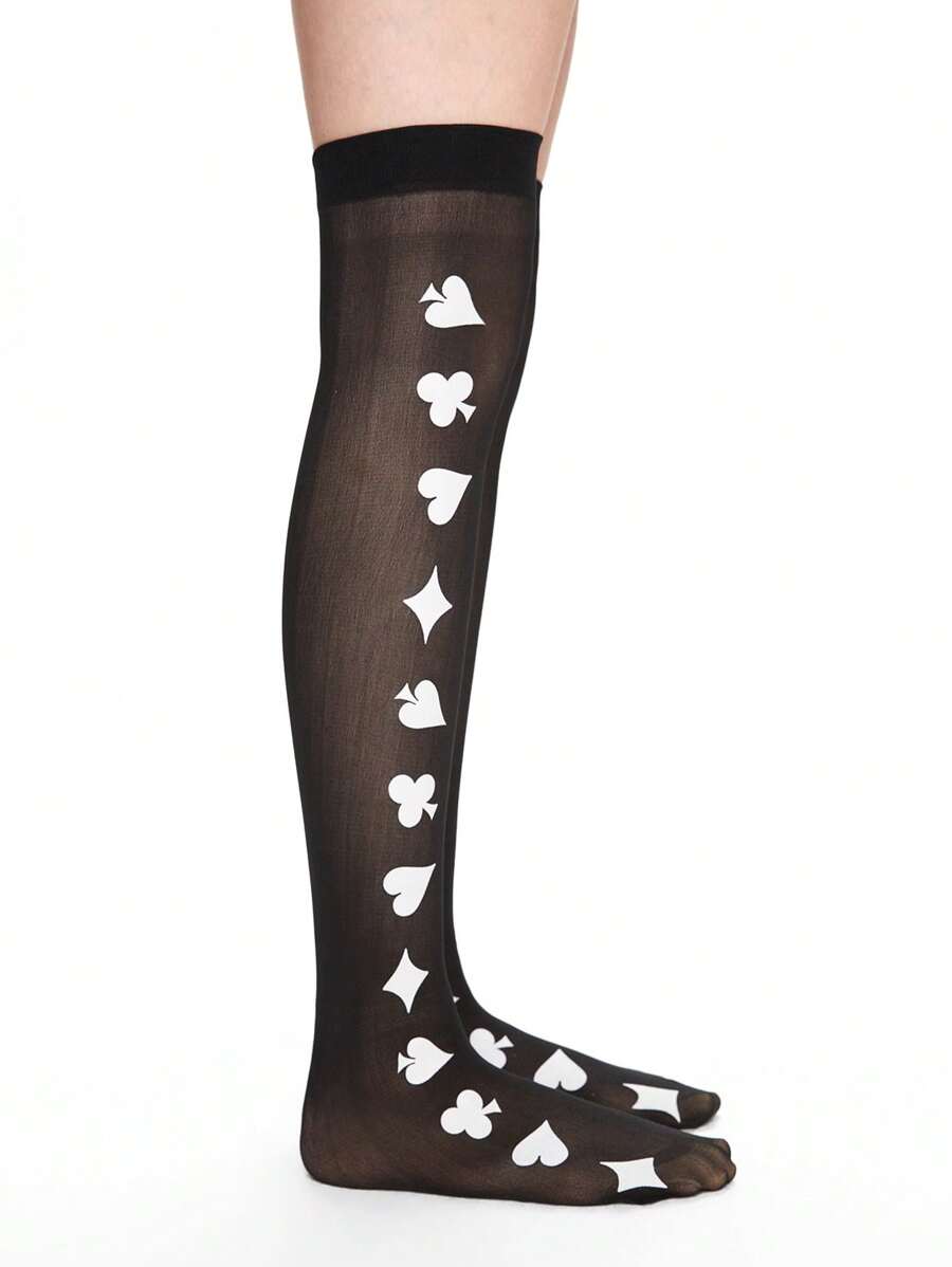 White Playing Card Floral Thigh High Stockings