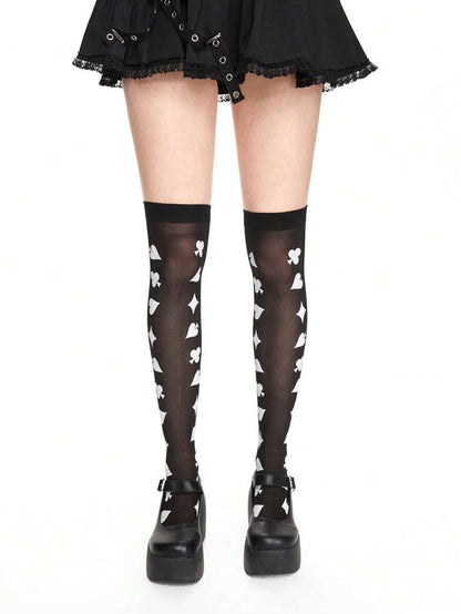 White Playing Card Floral Thigh High Stockings