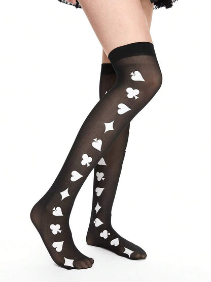 White Playing Card Floral Thigh High Stockings