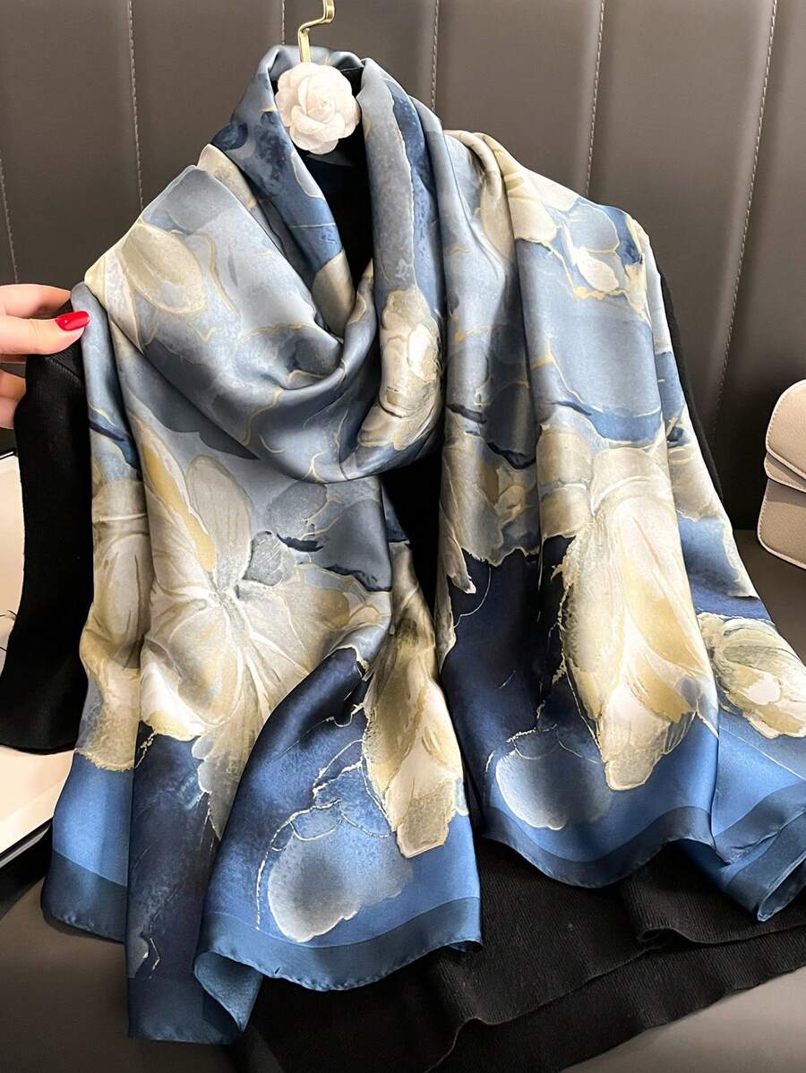 Floral Print Pink Chiffon Scarf, Lightweight Long Scarves For Daily Wear, Wedding Party Gift