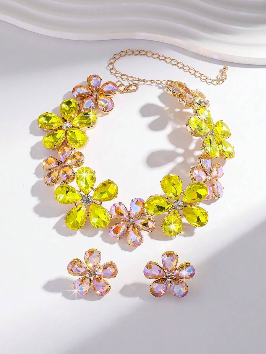 3pcs Rhinestone Flower Colorful Necklace And Earrings Set, Formal Evening Dress Accessories
