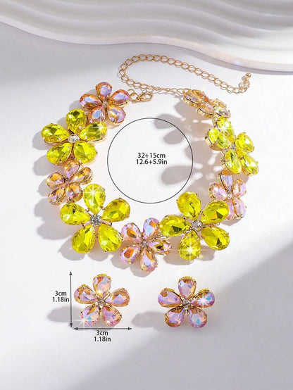 3pcs Rhinestone Flower Colorful Necklace And Earrings Set, Formal Evening Dress Accessories