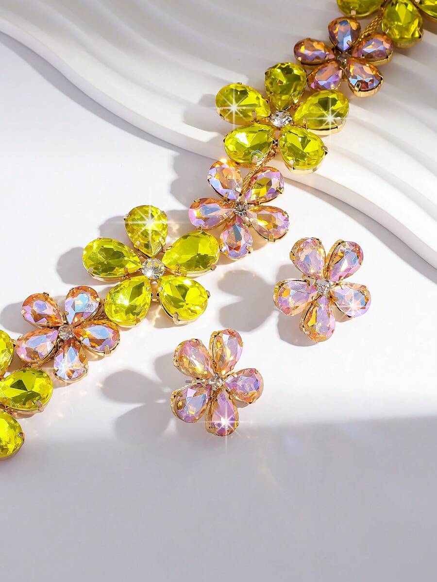 3pcs Rhinestone Flower Colorful Necklace And Earrings Set, Formal Evening Dress Accessories