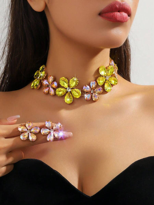 3pcs Rhinestone Flower Colorful Necklace And Earrings Set, Formal Evening Dress Accessories