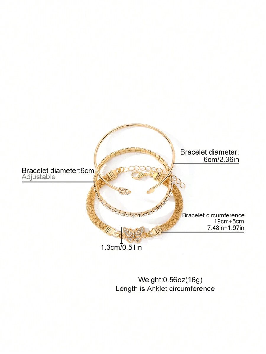 3pcs/Set Luxury Fashion Minimalist Personalized Rhinestone Butterfly ; Heart Layered Bangle Bracelet, High-End Accessory Set
