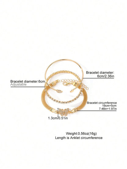 3pcs/Set Luxury Fashion Minimalist Personalized Rhinestone Butterfly ; Heart Layered Bangle Bracelet, High-End Accessory Set
