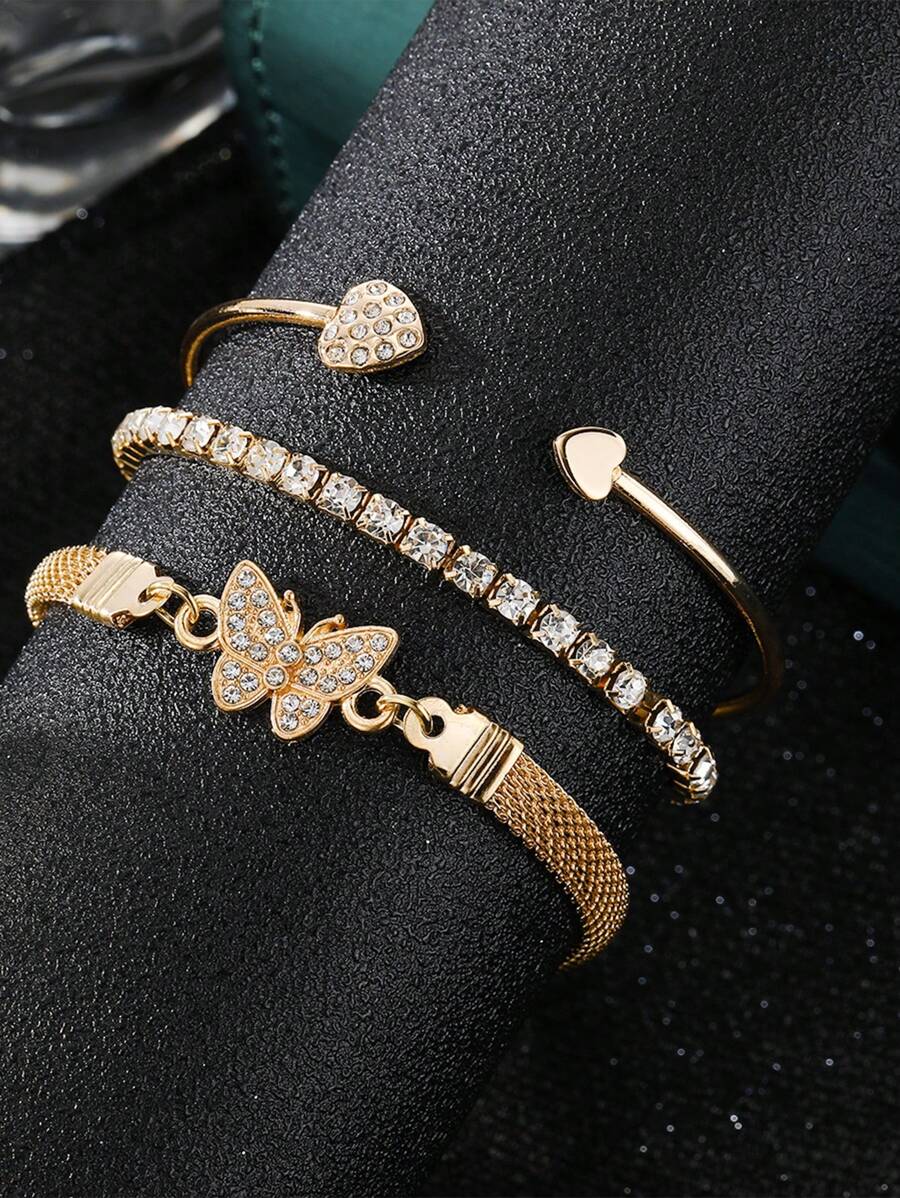 3pcs/Set Luxury Fashion Minimalist Personalized Rhinestone Butterfly ; Heart Layered Bangle Bracelet, High-End Accessory Set