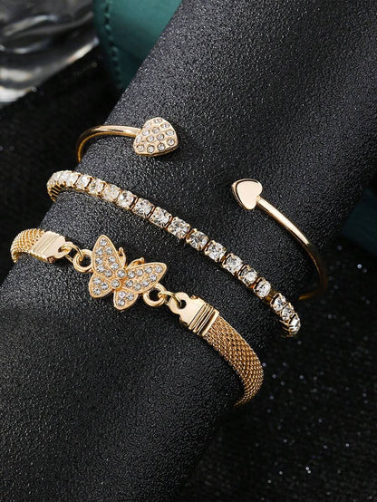 3pcs/Set Luxury Fashion Minimalist Personalized Rhinestone Butterfly ; Heart Layered Bangle Bracelet, High-End Accessory Set