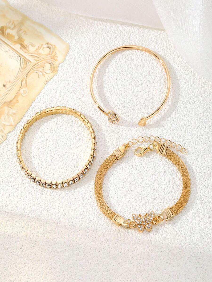 3pcs/Set Luxury Fashion Minimalist Personalized Rhinestone Butterfly ; Heart Layered Bangle Bracelet, High-End Accessory Set