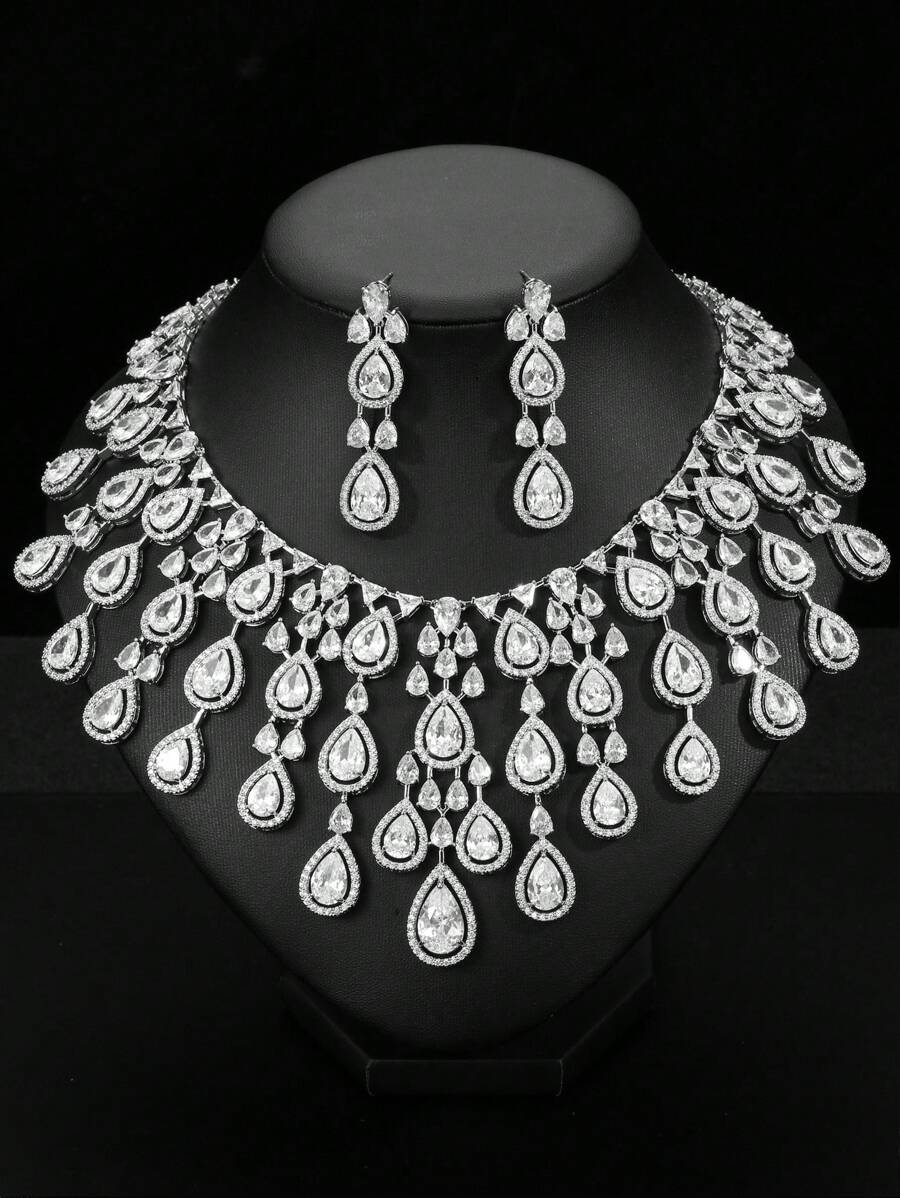 3pcs/Set Luxury Exaggerated Zirconia Necklace And Earrings Jewelry Set