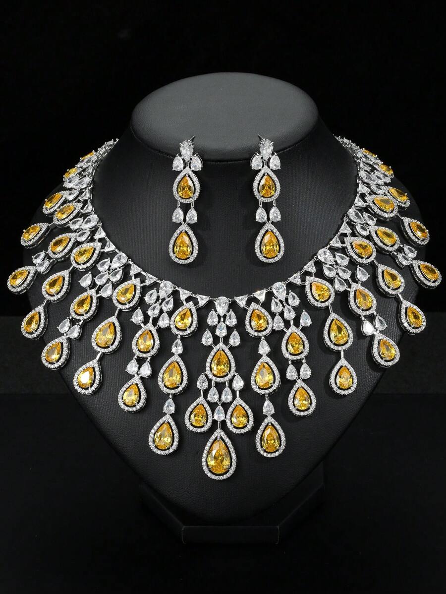 3pcs/Set Luxury Exaggerated Zirconia Necklace And Earrings Jewelry Set